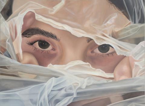 "Look at Me" illustrates a girl who is irrevocably trapped in a life of suffering, pain, and sadness. She is tied down by the restraints of plastic wrapping but she finally breaks free of the restricting barrier. For she is still broken but she sees herself.