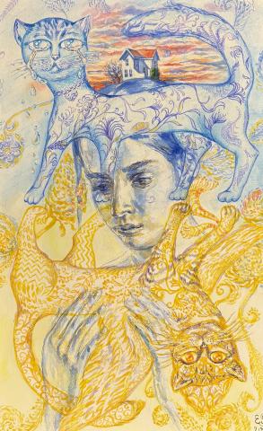 The artwork "Guardian" depicts a girl surrounded by two surrealistic cats. One is blue and the other is yellow, replicating the colors of the Ukrainian flag.