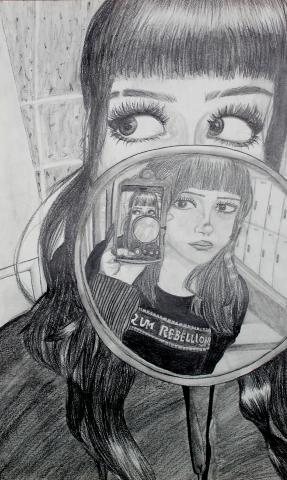 "Echoes of Ourselves is a black and white drawing of me holding a mirror, with the reflection revealing one of my closest friends. My piece depicts the idea that deep friendships act as reflections of who we are.