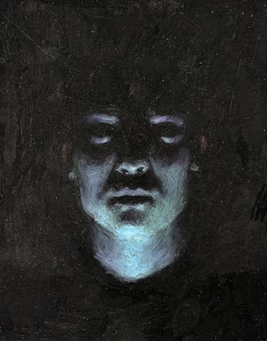 This is a self portrait, lit by blue light from below the face, has a contrasting stark, black background. The subject looks at the audience with a look of horror.
