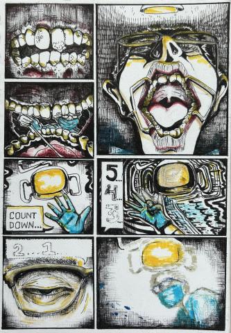 A page organized like a comic. The first three boxes take up the top half of the image and depict a dental patient with their mouth held open receiving a shot in their gums. The final three boxes show the patients perspective as they slowly pass out. The text shows the dentists slowly counting down from 5.