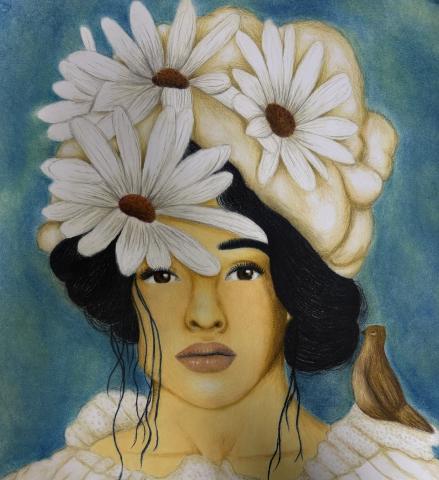 This is a self portrait It was created with pencil colors and pastel color pencils. There are white flowers and a brown bird .