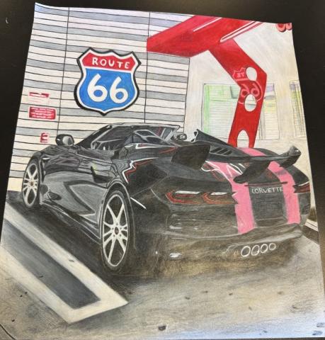 An aggressive convertible 2026 Corvette ZR1X with a pink design, at a local Car Wash with bright lights that reflects on the war.