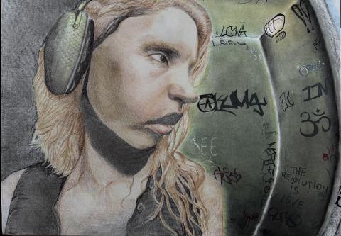This piece uses color pencil and charcoal to create a more vibrant environment.