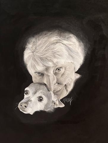Image depicts a realistically-drawn elderly woman and small dog in black and white charcoal. The woman is gazing into the camera, holding the dog close to her head.
