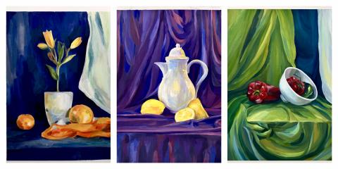Three-panel gouache still life with fruits, vegetables, and fabric, using bright complementary colors and layered drapery to create contrast, depth, and visual harmony.