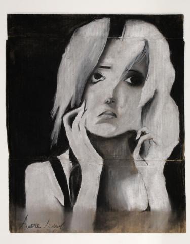Young teenage girl pulling at face, shows the rawness of mental illness. Charcoal drawing