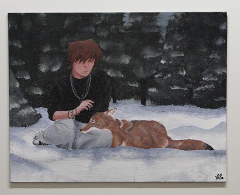 This is an acrylic painting of a boy consoling a coyote symbolizing the process of reconciliation of one's "self" after hurting someone.