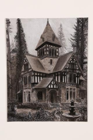 Charcoal drawing of a detailed Victorian-style house with a tall central tower, surrounded by tall trees, a small fountain, and faint stone sculptures, creating a quiet, slightly mysterious forest setting.
