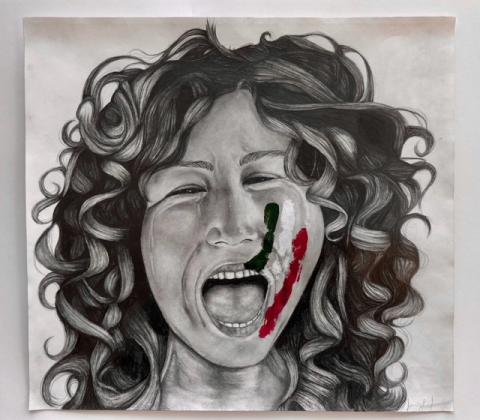 A graphite portrait of a woman in distress with acrylic detail overlay, representing the colors of the Mexican flag, which entertains the notions of resistance and social justice.