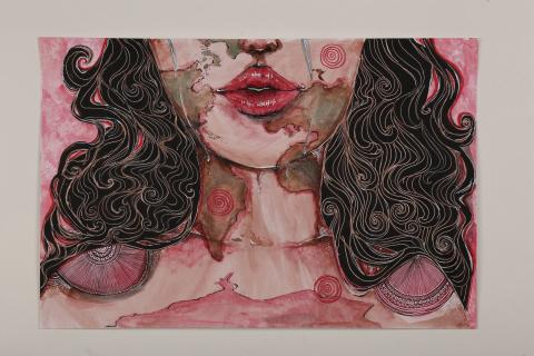 Girl with vitiligo and dark wavy hair, over a red background. She has a tear running down the side of her face, and targets on her face and chest.