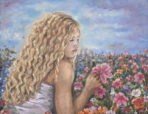 "Blossoming" is a self portrait created with oil paint, symbolizing growth and recognition of self worth.