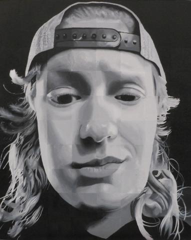 Black-and-white acrylic painting depicting a close-up of a smiling person wearing a backwards baseball cap.