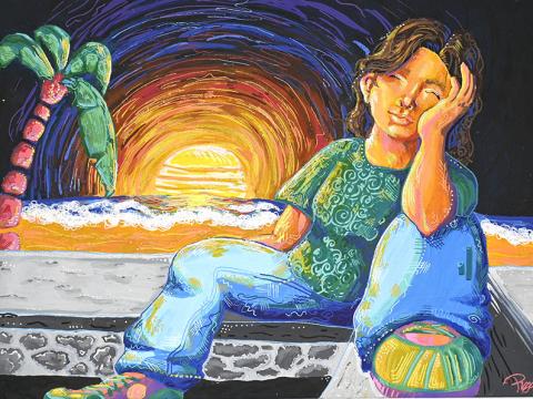 Person sitting on a concrete ledge with a beach in the background colored with vibrant colors.