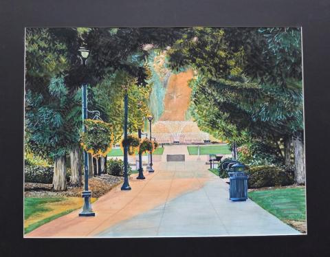 A mixed media painting of a fountain at the end of a stone walkway lined with streetlights and foliage. It glitters in a ray of orange sunlight.