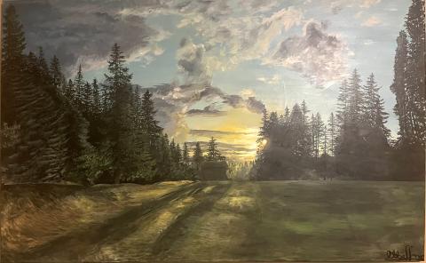Hazy yellow sunset peaking through the trees across an open grass field in the late evening, depicting a perfect moment in time.