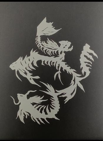 The image is compiled of white cut out in the style of a German Schereschnitte on the black background made of paper