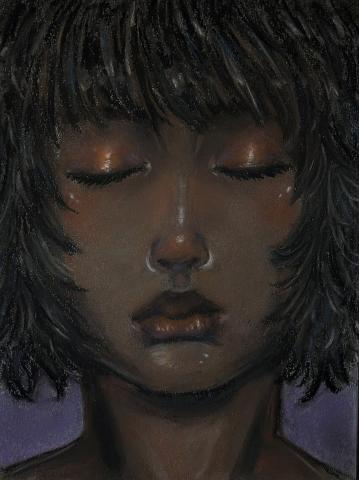 A portrait of a woman with soft-dreamy features, her eyes are closed, and her short black hair frames her face and compliments her warm brown skin. She has warm-toned makeup, shiny faint red-orange eyeshadow and faint rosy blush on her cheeks and nose.