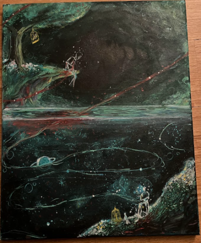 Painting of a person in nature looking down to a person in open night sky