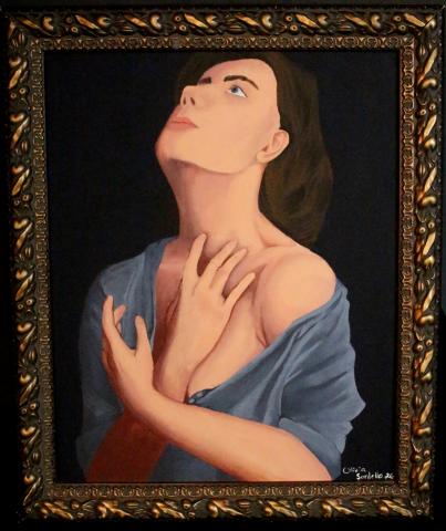 An acrylic painting of a woman looking up with a somber expression. She is wearing a loose blue shirt that is draped over the shoulders