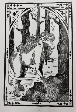 Drawing of unicorn in the forest