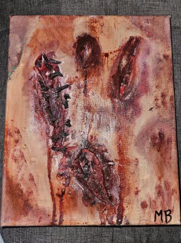A painting of self-harm, including multiple self induced cuts, one with "stitches" made out of a shoe lace, many layers, a use of paints, oil pastels, and many other mediums.