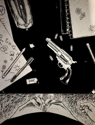 drawing of a desk with paper, writing, an eraser and a gun