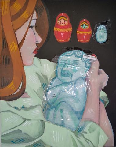 The artwork depicts a mother and her newborn baby. The mother looks at her child somberly. Her child is an unnatural color; shiny like plastic. Matryoshka dolls are lined up in the background, mirroring the domestic scene.
