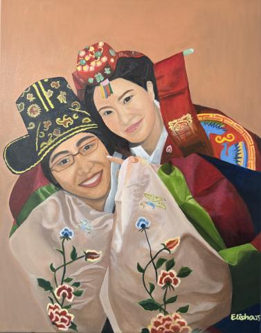 An oil painting of a couple in traditional Korean Hanbok during a Pyebaek wedding ceremony. A smiling man is carrying a woman on his back, both showing joyful expressions.