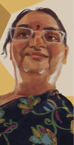 A depiction of my Amma-amma inspired by how she holds her phone during our weekly video calls. The colors are representative of the joy I feel talking to her and the brightness of a my phone screen during these moments.