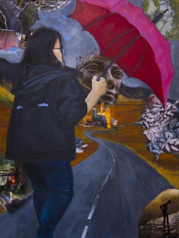 Mixed Media painting with newspapers of me standing with purposefully not using the umbrella in my hand. There is a road without an end in front of me, but I am not afraid of it anymore, because it is My Road that I choose to walk on.