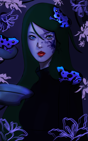 This artwork was created using Procreate and is a drawing of a girl surrounded by darkness, bright frogs, and flora in a quiet forest. I used multiple layers and digital brushes to blend and add depth and detail to the piece.