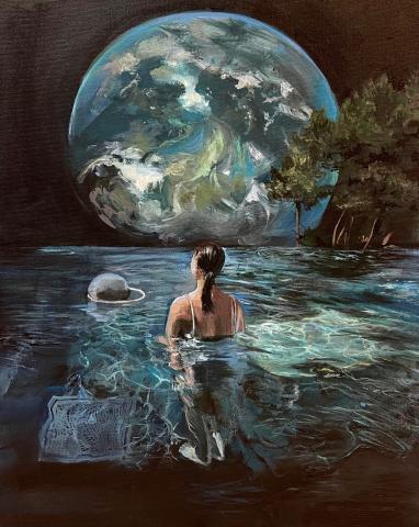 A person stands waist-deep in water, facing a large swirling Earth-like sphere in the sky, with trees to the right and reflective water surrounding them.
