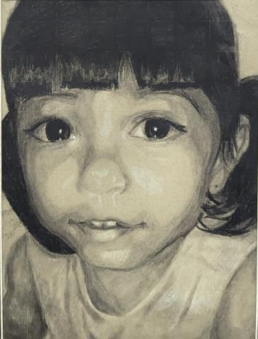 Toned portrait of a toddler created with black and white charcoal on tan paper. The child is looking at the viewer. The composition is from her shoulders up, and she is smiling, and has pigtails.