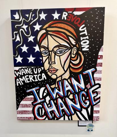 A abstract painting of a women with an American flag in the background