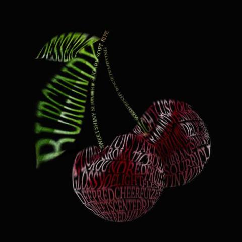 A typographic cherry illustration composed of layered text, with a green stem and red fruit formed from words related to cherries, creating a cohesive and contemporary visual composition.