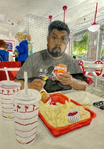 Colored pencil illustration of a man seated at a fast-food table, holding a burger and sauce packet, with fries, drinks, and a tray in front, and other customers in the background.