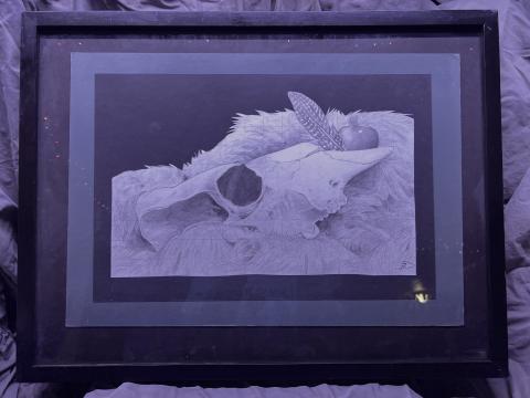 An illustration depicting a skull, feather, and an apple nested on top of a pile of fur.