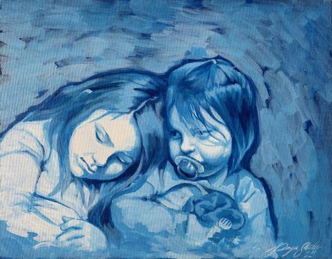 Image "Nostalgia" depicting two sisters resting together, painted in monochromatic blue acrylic.