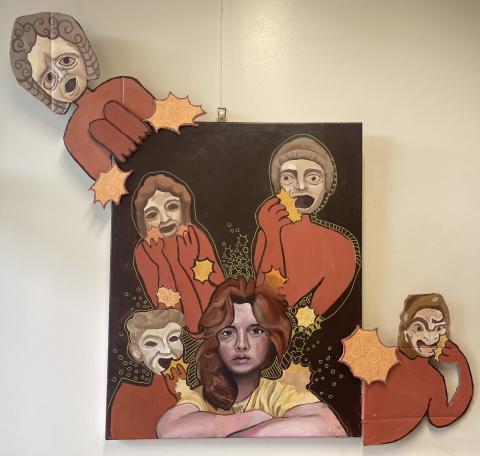 A painting in which a girl sits upsetly at the bottom middle of the canvas as masked creatures reach and consume the stars that she exudes.