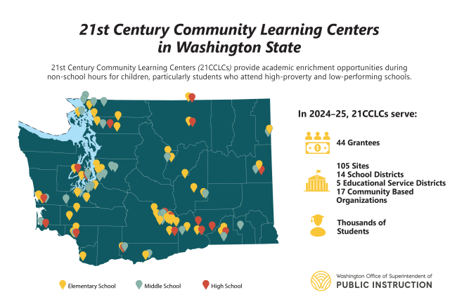 21st CCLC map showing the areas of the state where afterschool programs are located.