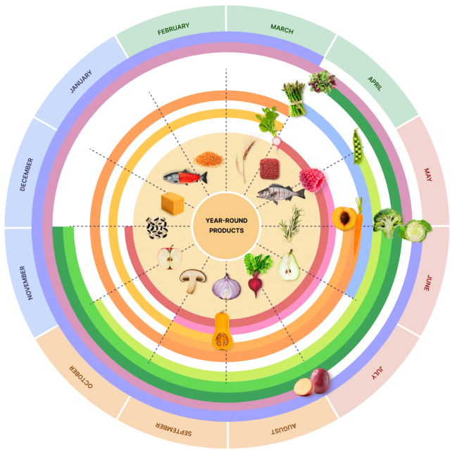 Seasonality wheel showing different food products and the months they are in season.