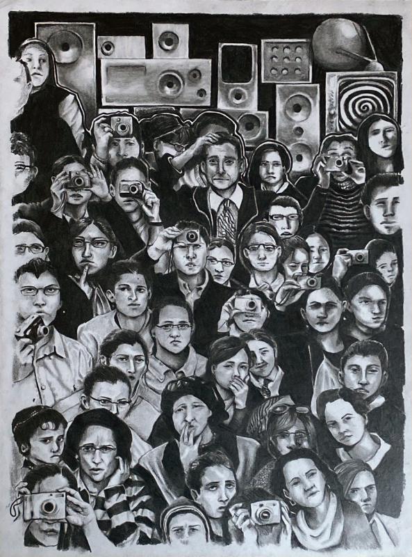 A black and white illustration depicts a large group of people, each holding a camera and taking photographs. The background is filled with various speakers and sound equipment.