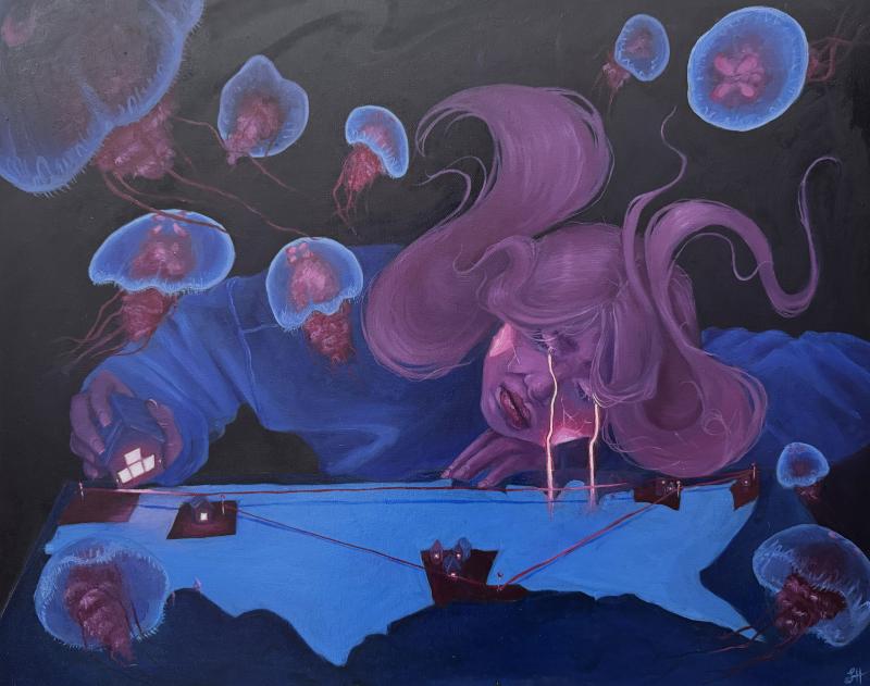 A surreal painting depicts a person with flowing pink hair and a blue garment, leaning over a map-like surface. The person appears to be manipulating small red boats connected by red lines on the map. Surrounding the scene are several translucent jellyfish with glowing blue and pink hues, floating in the dark background.