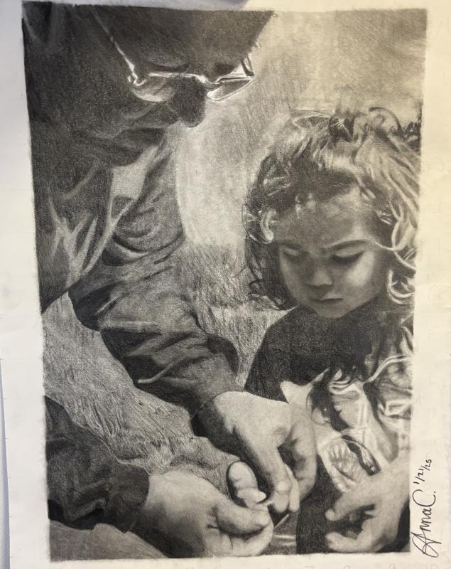 A detailed black and white drawing depicts a person with glasses and a child. The person is focused on the child's hand, appearing to be assisting or examining it. The child has curly hair and is looking down at their hand.