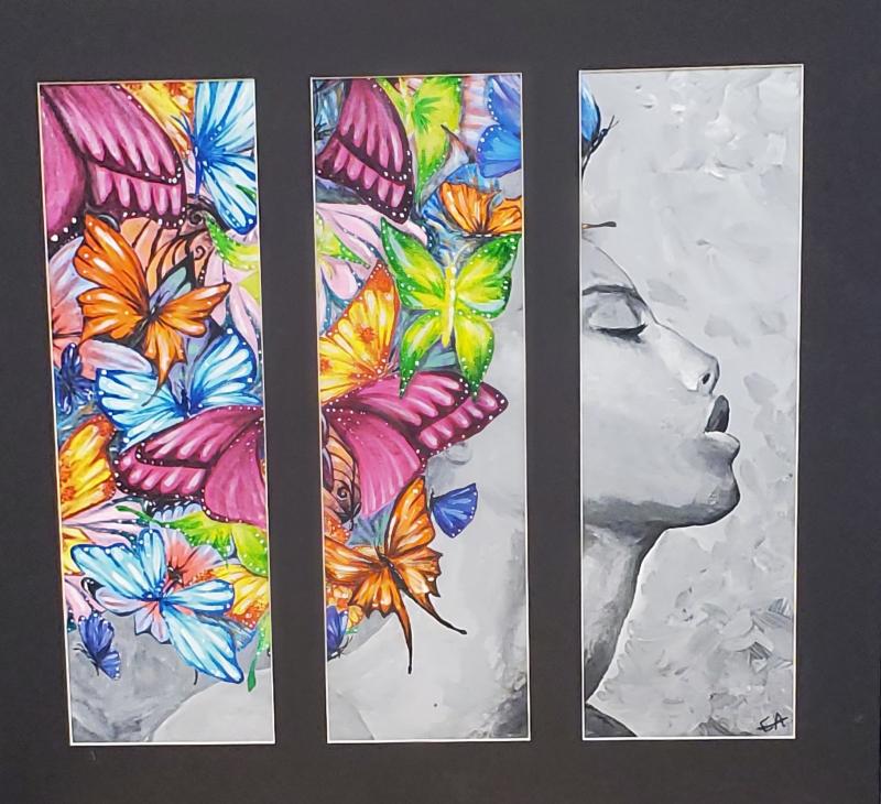 A triptych artwork featuring three vertical panels. The left and middle panels are filled with vibrant, colorful butterflies in shades of blue, pink, orange, and green against a white background. The right panel depicts a grayscale profile of a woman's face.