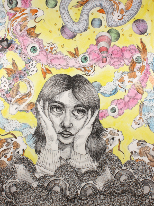 A colorful and surreal illustration featuring a person with long hair. Surrounding the person are various fantastical elements, including koi fish swimming through the air, large eyeballs, dice, stars, planets, and swirling clouds of pink smoke.