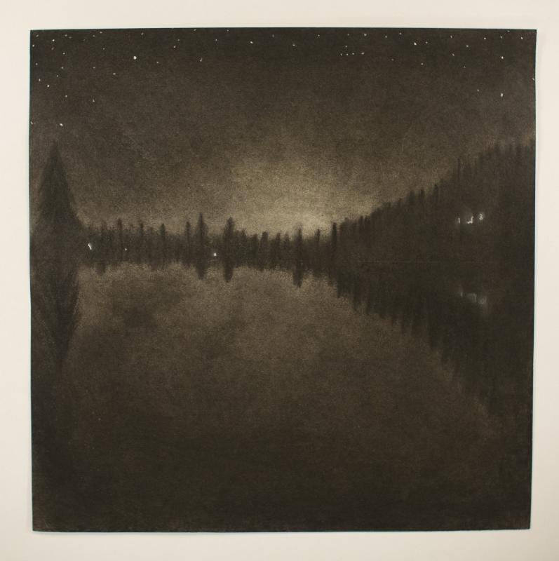 A monochromatic image of a serene lake at night, surrounded by trees. The sky is dotted with stars, and the still water reflects the silhouettes of the trees and the starry sky above.