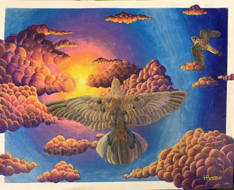 A vibrant artwork depicts two birds flying amidst colorful, fluffy clouds during a sunset. The sky transitions from deep blue to warm orange and yellow hues near the sun. The larger bird is in the foreground with wings spread wide, while the smaller bird is in the background to the right. 