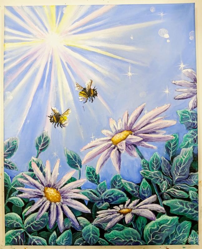 A vibrant painting depicts a sunny day with a bright sun radiating beams of light across the sky. Two bees are flying near large, blooming daisies with white petals and yellow centers.